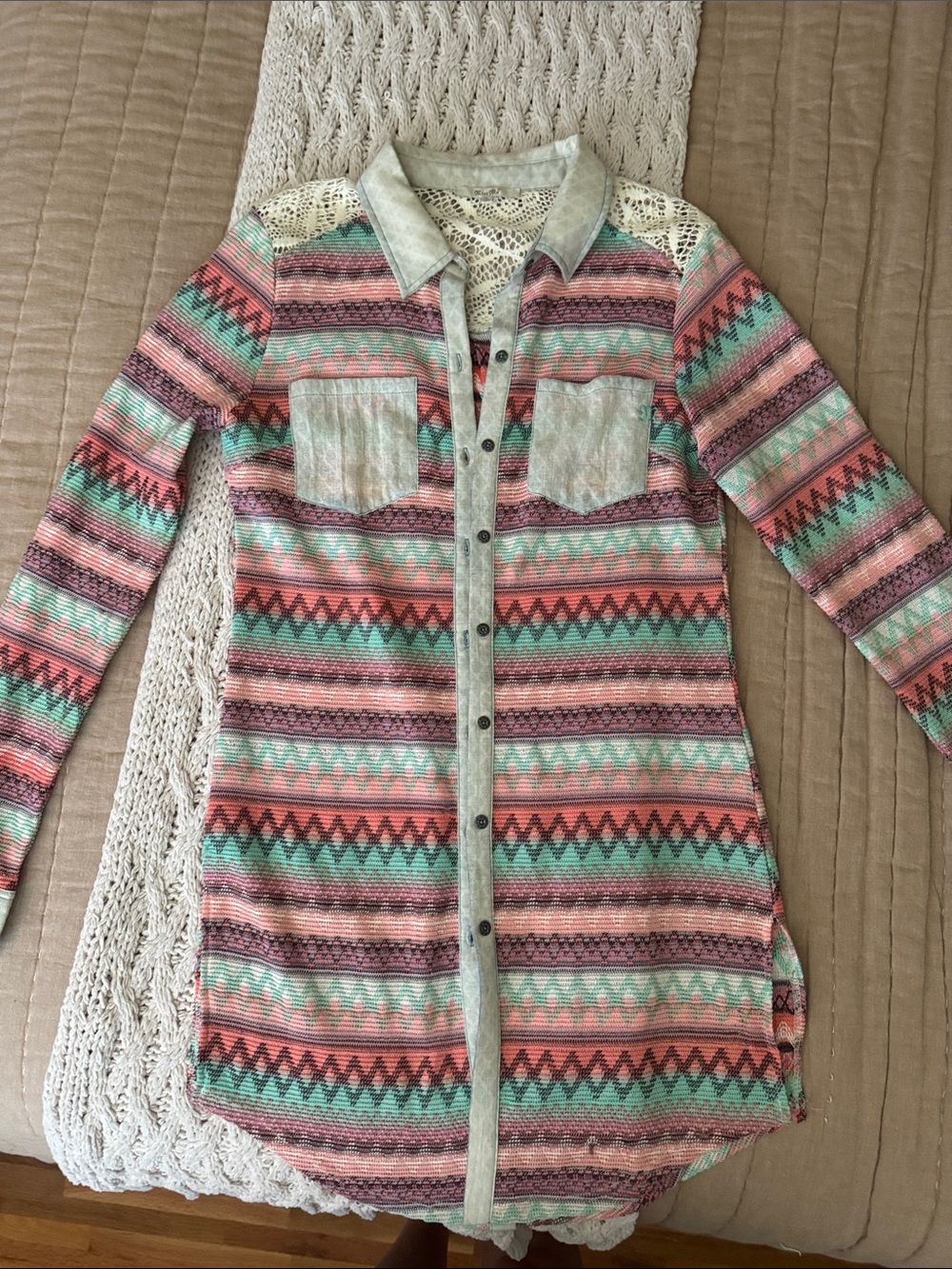 Miss Me Mint, Coral & Cream Aztec-Pattern Button-Down Tunic